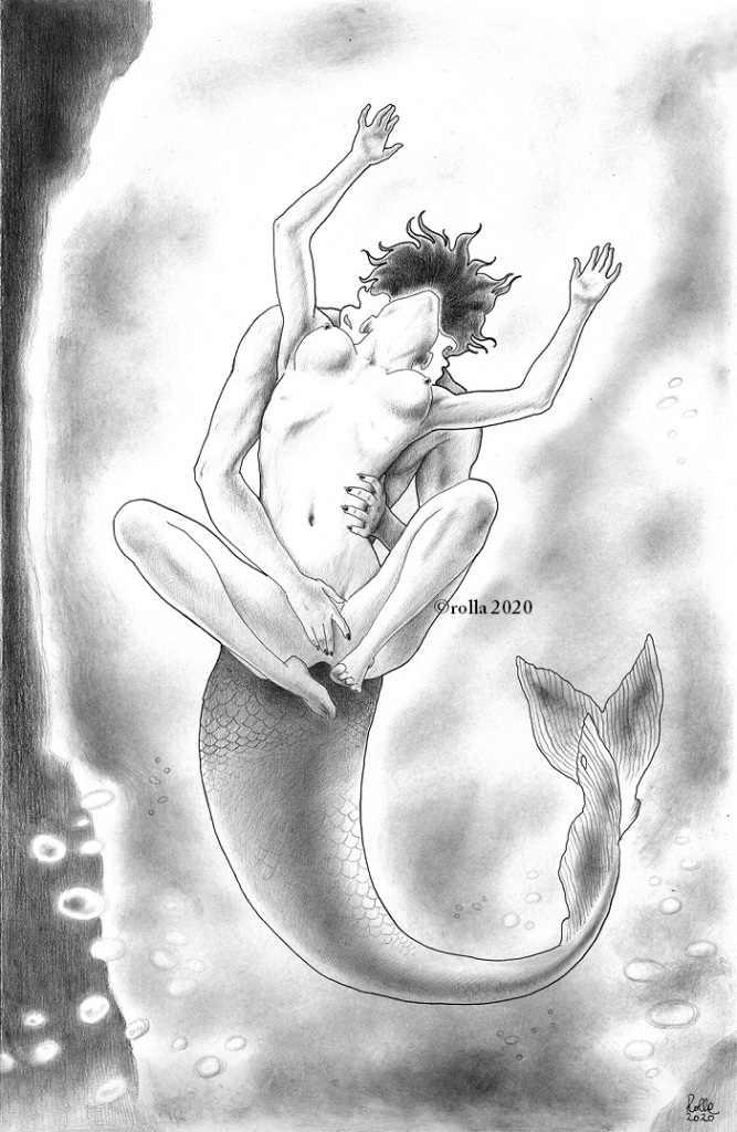 disegno ritraente sirena maschio e ragazza nuda nel fondale marino